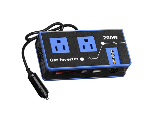 200W Car Power Inverter, Dual DC 12V to 110V AC Car Outlet Adapter to Wall Plug, Fast Charging 24W USB-C & USB Ports, Portable Charger Converter...