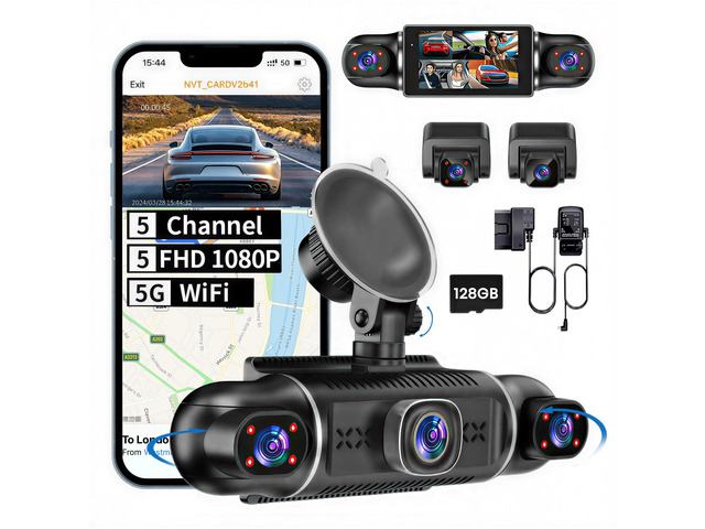5 Channel 1080P*5 Dash Cam Front Rear Left Right Cabin with OBD2 Power Cable, 360° Coverage Dash Camera for Cars with 128GB SD Card, 5G WiFi & App...
