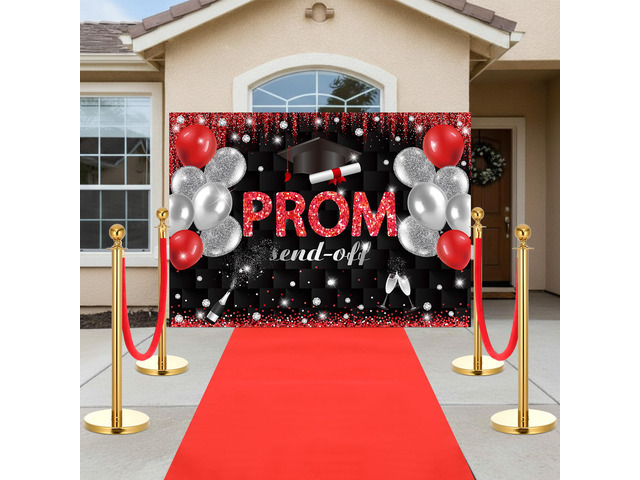 4 Set Prom Send Off 2026 with Carpet Runner Stainless Steel Stanchion 7 x 5 ft Class of 2026 Prom Background 3.3 x 16.5 ft Carpet Runner Velvet...