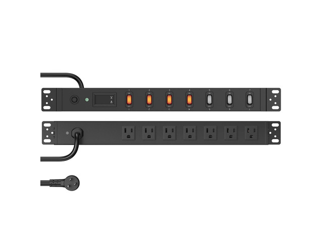 7 Outlet PDU Power Strip with Digital Display, 1U, Black, 6FT, 1 19inch Metal Mountable Outlet Strip with Individual Switch, for Network, Server,...