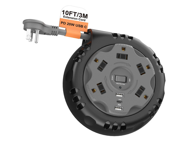 Retractable Power Strip Extension Cord Reel with USB C PD 20W, ETL Listed Flat Plug Travel Power Strip Surge Protection with 5 AC 3 USB Ports, 10FT...