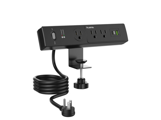 Desk Clamp Power Strip, 10 FT, 3 Outlet, PD 20W Fast Charging, Flat Plug, 14 Gauge, 980J Surge Protector, Black, USB C, Fit 1.72' Tabletop Edge