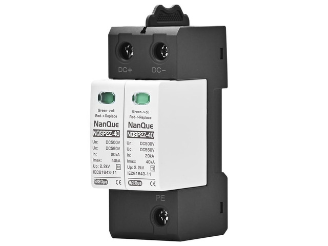 DC SPD Surge Protector for 100V-1000V PV Systems, 2-Pole 40kA T2 Level, Replaceable Module, Solar Panel Lightning Protection, Overvoltage...