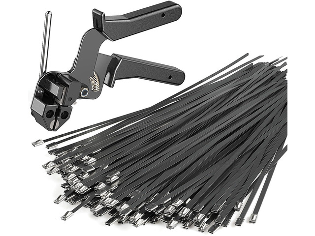 Metal Zip Ties with Cable Tie Gun, 200 Black Stainless Steel Ties 11.8-inch black 304 stainless steel ties rated up to 200 lb for fence repair,...