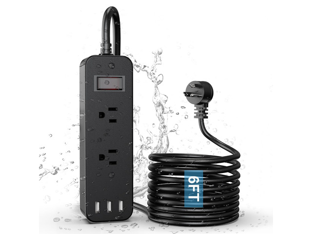 Outdoor Waterproof Power Strip with 2 Outlets 3 USB Ports, 6FT Flat Plug Extension Cord, Surge Protector, Mountable for Garden Bathroom Kitchen, Black