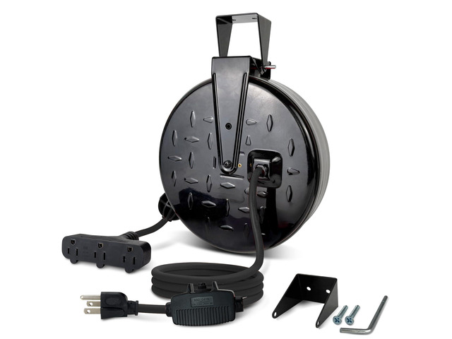 Retractable Extension Cord Reel, 16/3 SJTW Power Cord 30 Ft with 3 Electrical Outlets and 10 Amp Circuit Breaker, Ceiling or Wall Mount, Metal...