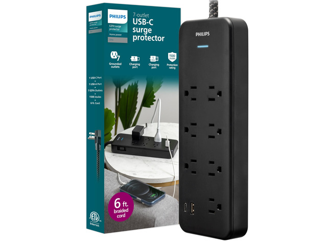 Surge Protector Power Strip with USB Ports 6 Ft Braided Extension Cord, 1500 Joules, 7 Outlet Extender (Wide Spaced), 1 USB-A, 1 USB-C, Flat...
