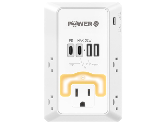 20W PD Fast Charging Wall Outlet with USB Ports (2C2A), Electrical Outlet Extender with Night Light, Surge Protector, Wall Plug Adapter for...
