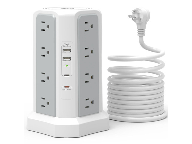 Surge Protector Power Strip with PD20W USB C,13A Thicker Extension Cord with Multiple Outlets 6FT Tower Power Strip with USB Ports 2A2C,16AC,Office...