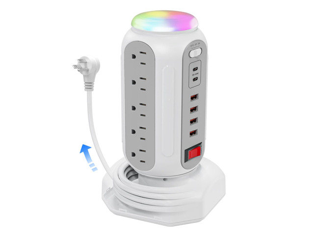 Fast Charging Station Power Tower - 15 AC Outlets & Dual USB-C 30W (Single Port 30W/2 Ports 15W Each), 4 USB-A, Retractable Cord Surge Protector...