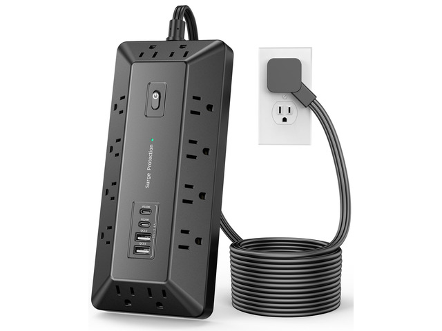 6 Ft Power Strip with Surge Protector 1800J, Extension Cord with Multiple Outlets 12AC+4USB(2USB-C Port for 20W), Flat Plug Outlet Extender with...