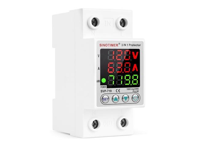 Adjustable Voltage Surge Protector 110VAC 120VAC, Relay with LED Display, 80-100V Undervoltage, 130-150V Overvoltage, 60Hz 63A with DIN Rail Mount