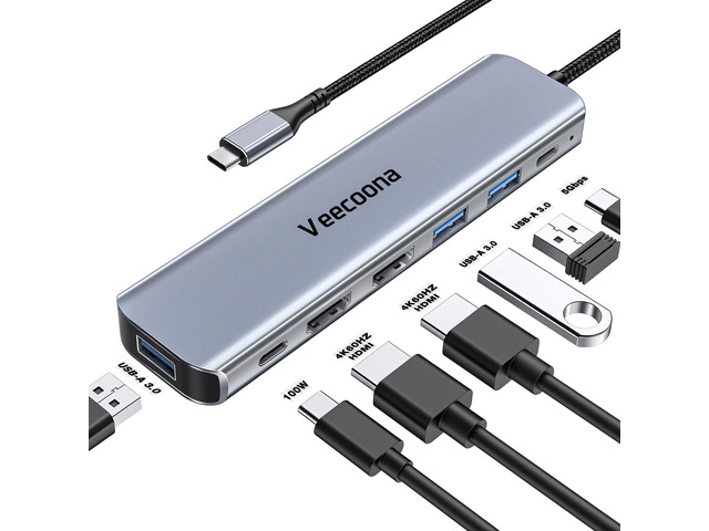 USB C to Dual HDMI Adapter, 7 in 1 Docking Station Dual Monitor 3*USB-A Data Ports, 100W PD, HDMI Splitter Extended Display Laptop USB C Hub for...