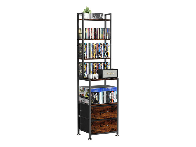 CD Storage Rack with Two Drawers, 7-Tier DVD Shelf and Rack CD Holder Tower for DVDs, Books, Media Games, Movie Collection and Decor, Ideal for...