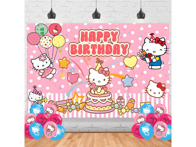 Hello Cat Birthday Decorations,Cartoon Anime for Party Decorations Supplies,Kitty Happy Birthday Banner Backdrop for Party Supplies (5x3ft)