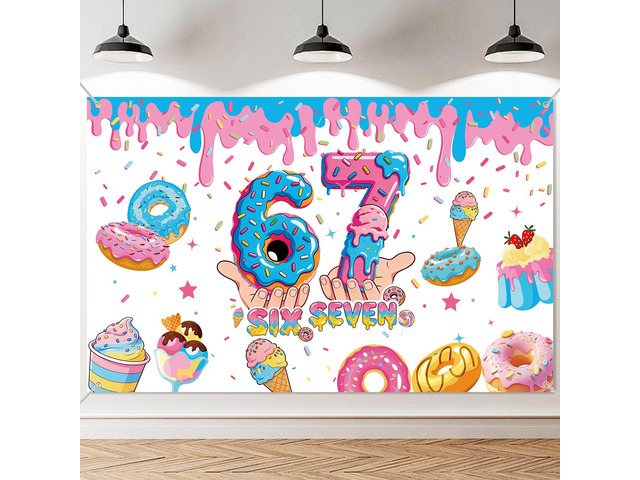 6 7 Birthday Decorations Funny Meme Donut Theme Happy Birthday Backdrop Blue and Pink Party Photo Booth Background for Birthday Party Photography 6...