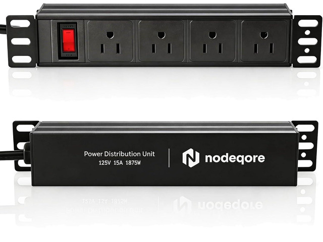 NodeQore 10 inch Rack PDU, 4 Rear Outlets, 1020J Surge Protection &15A Overload Switch, 1U RackMount, Rack Mount Power Strips for 10'' Mini Server...
