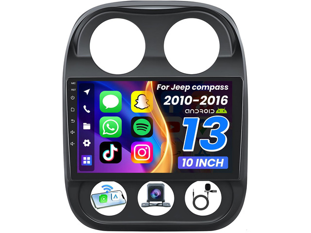 [4+64G] Car Radio for Jeep Patriot Compass 2010-2016: 10.1' IPS Touchscreen Stereo with Wireless CarPlay & Android Auto, GPS Navigation, Bluetooth,...