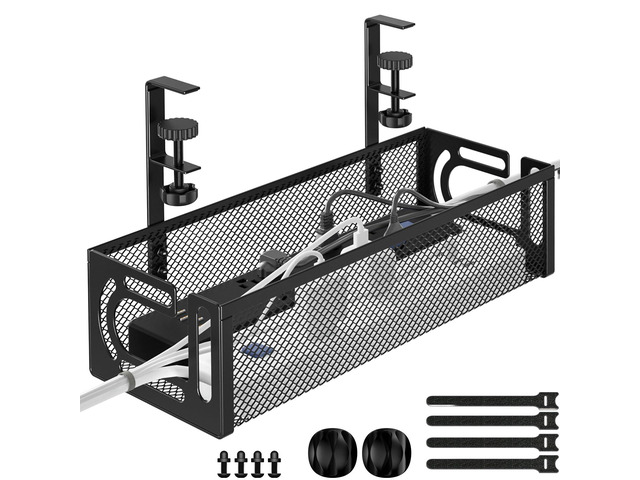 Under Desk Cable Management Tray, 15.7'' No Drill Steel Desk Cable Organizers, Wire Management Tray Cable Management Rack (1 Pack-Black)