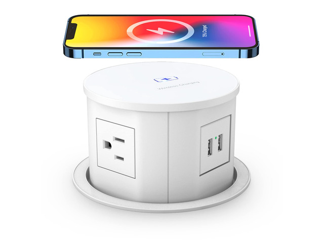 Pop up Power Outlet with 15W Wireless Charger,Pop up Electrical Outlets for Countertops,4.7'' Diameter Round Pop Up Counter Outlet with 4 Outlets,2...