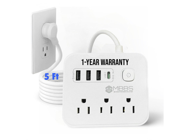 Surge Protector Power Strip with USB C, Heavy Duty Extension Cord (7-in-1) 3 AC Outlets, 4 USB Ports, LED On/Off Switch Compact & Travel Friendly...