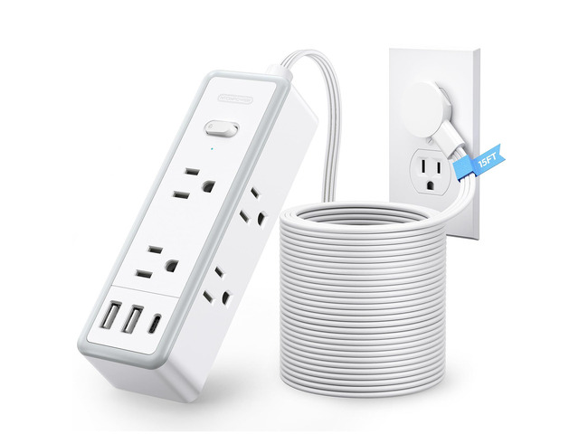 15 ft Flat Extension Cord with 6 Widely Outlets 3 USB Ports(1 USB C), 1080J Surge Protector Power Strip,Long Cord for Home, Office, Dorm Room
