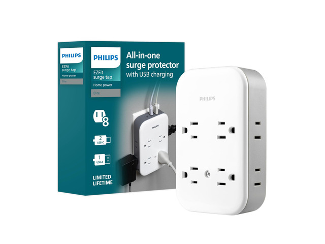 All-in-One Surge Tap with USB, 4 Grounded & 4 Polarized Outlets 2 USB-C & 1 USB-A Ports, 15W Shared, 1140 Joules, ETL Certified, White/Gray,...