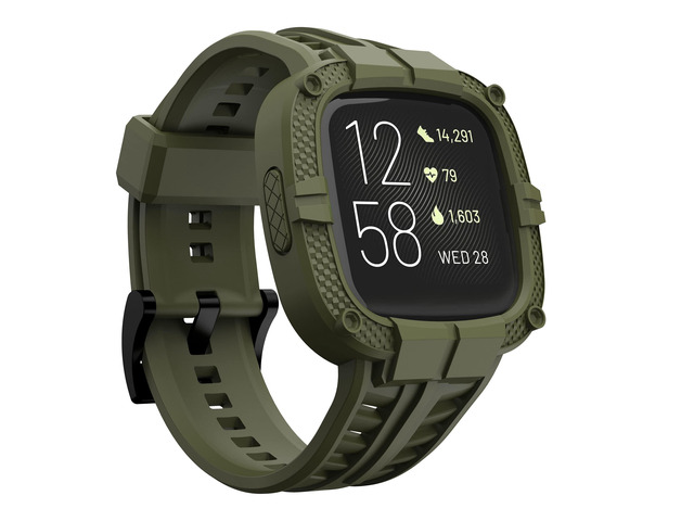 Compatible for Fitbit Versa 2 Bands with Case, Men Protective Case Band Rugged Sport Wristbands Strap for Smartwatch - Army Green