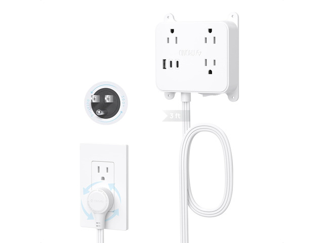 360 Rotating Plug Flat Power Strip, 3FT Short Extension Cord with USB 2 USB C and 1 USB A, 3 AC Widely Spaced Outlets with On Off Switch, Wall...