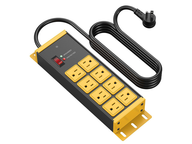 Magnetic Heavy Duty Power Strip, 8 Ports. Yellow, 4FT, 1. Extension Cord with Multiple Outlets, Garage, Industrial, Shop, Wall Mount Plug...