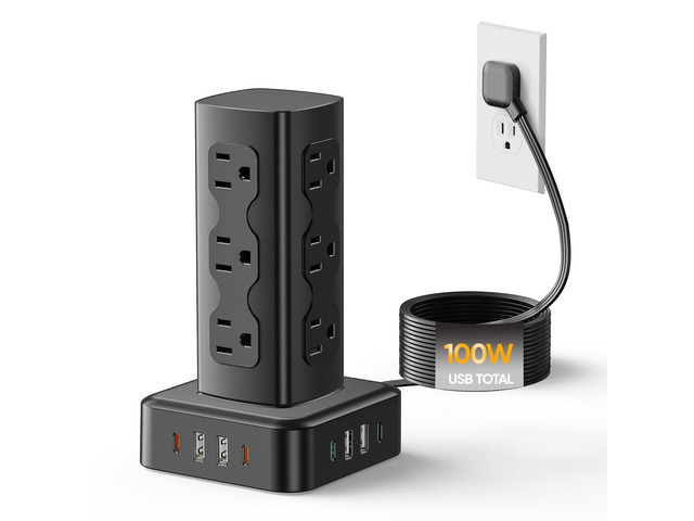 Power Strip Tower, 100W USB Charging Station Tower 12 AC Outlets 8 USB Ports (4 USB C), 6 Ft Flat Plug Extension Cord with Multiple Outlets, Home...