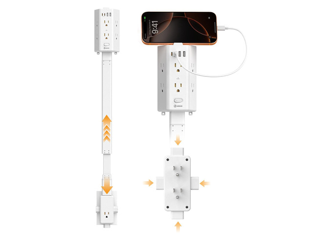 Flat Outlet Extender Stick,6 Widely Outlets,20W USBC,Extendable 26'-35.4' Adjustable Wall Outlet for Behind Couch Bed TV Dresser Desk Dorm,3 Side...