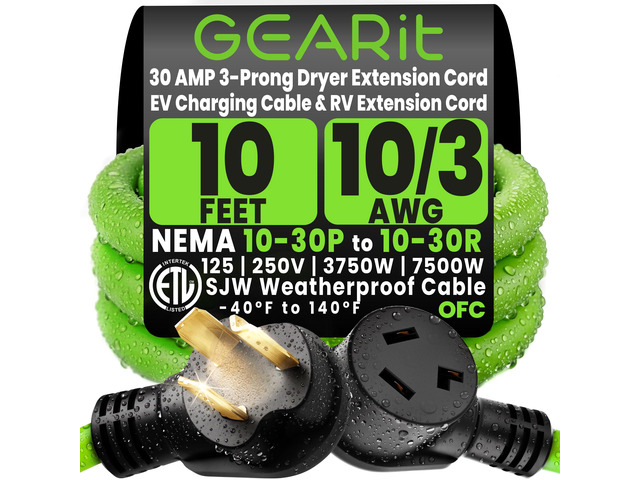 3 Prong Dryer Cord, 10 Ft Dryer Extension Cord, NEMA 10-30P to 10-30R, 30 Amp 220V 240V Heavy Duty, 10/3 AWG STW Copper Cable, 3 Prong Dryer...