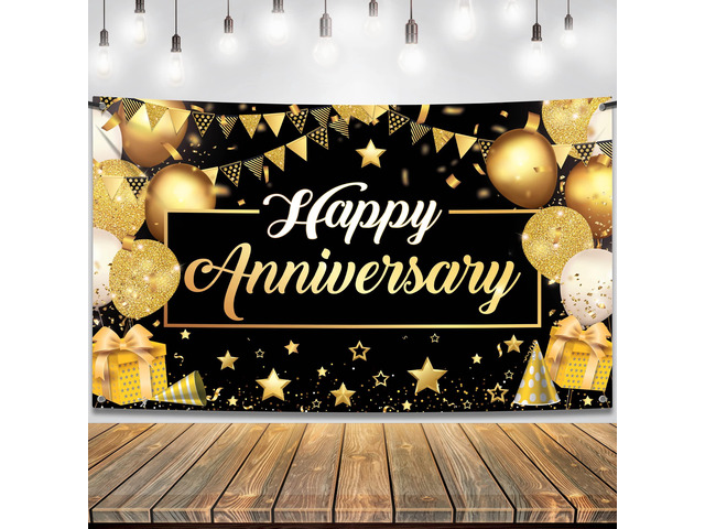 Gold Happy Anniversary Banner - 72x44 Inch Anniversary Decorations