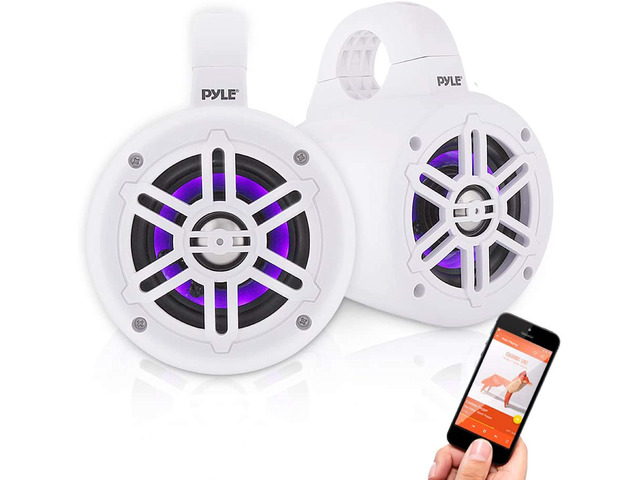 Waterproof Marine Wakeboard Tower Speakers - 4in Dual Subwoofer Speaker Set w/LED Lights & Bluetooth for Wireless Music Streaming - Boat Audio...