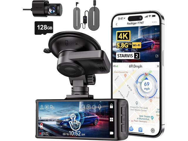 F7N Touch & OBD Hardwire Kit, 4K Dash Cam Front and Rear, STARVIS 2 Sensor, Touch Screen 3.18', 128GB Card Included, Voice Control, 5.8GHz WiFi Car...
