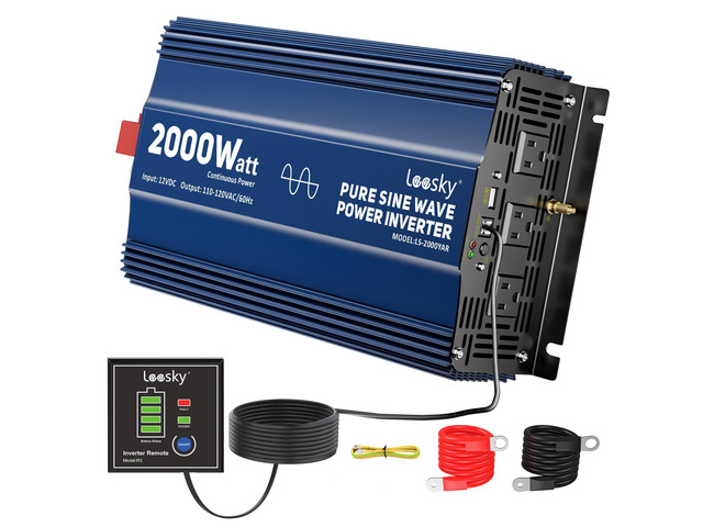 2000 Watt Pure Sine Wave Power Inverter 12V to 110V 120V for RV Off-Grid With 3 AC Outlet, 5V 2.4A USB, Remote Control, Compatible with Lithium...
