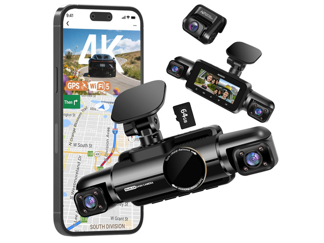 4 Channel Dash Cam Front and Rear, 3K+3*1080P Dash Camera for Cars, Free 64GB Card, 360° Car Video Recorder, 5GHz WiFi GPS, Voice Control, CPL...