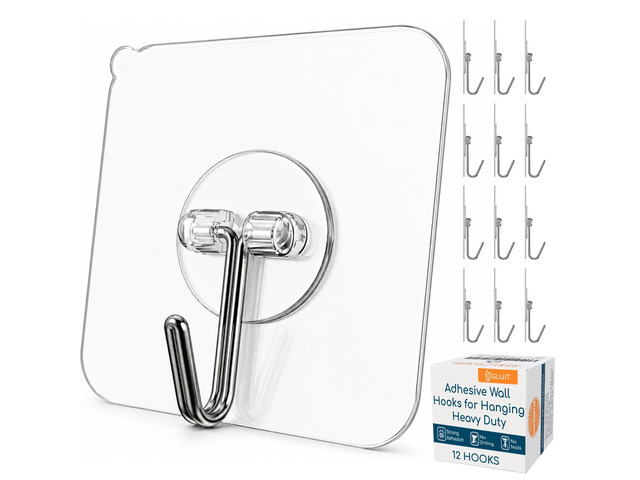 Adhesive Wall Hooks for Hanging, Heavy Duty No Drill, 22 lbs, 12 Pack Adhesive Wall Hooks for Hanging, Transparent Waterproof Sticky Towel Hook...