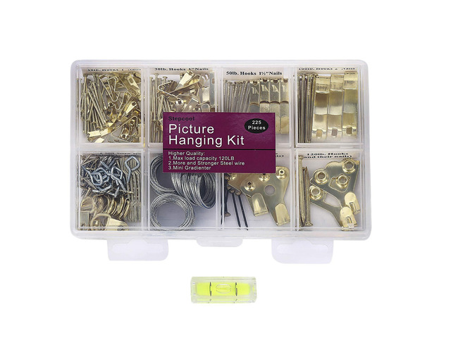 Picture Hangers, Picture Hanging Kit, 225pcs Heavy Duty Frame Hooks Hardware with Nails, Hanging Wire, Screw Eyes, D Ring and Sawtooth for Wall...