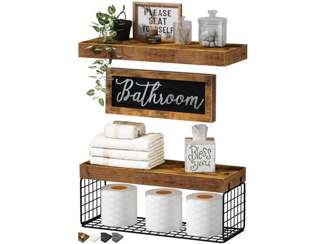 Bathroom Shelves Over Toilet - Paper Storage Wall Mounted Farmhouse Decor Decorations Aesthetic Décor Sign Small Floating Shelf 2+1 Set 16 inch,...