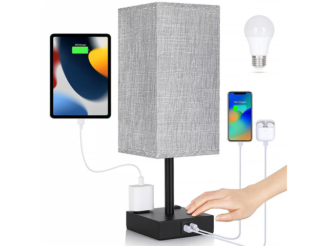 Bedside Table Lamp for Bedroom - Touch Small Lamp with USB C+A Charging Ports & AC Outlets, 3 Way Dimmable Nightstand Light for Living Room (LED...