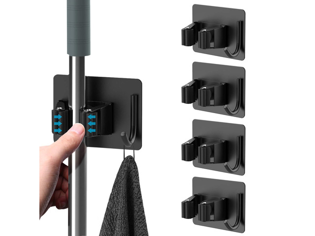 Broom Holder Wall Mount 4Pcs, Self Adhesive Mop Broom Hanger Black Self adhesive stainless steel broom organizer with 4 hooks, holds mops, brooms...