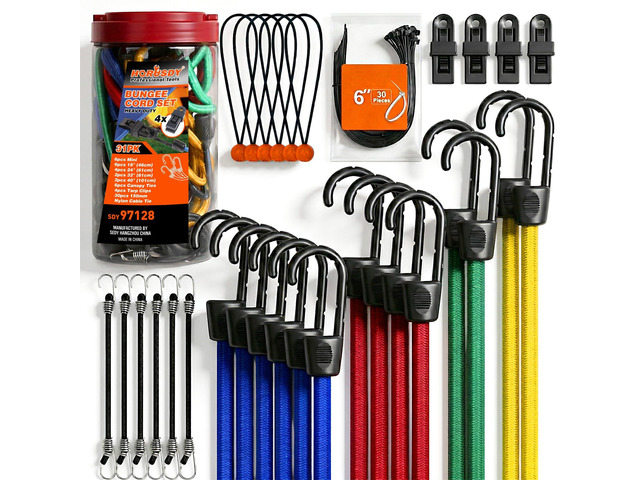 31-Piece Premium Bungee Cords Assortment Jar, Includes 10,18,24,32,40 Bungee Cords, 6 Zip Ties, 8Canopy/Tarp Ball Ties and Crocodile Mouth Tarp Clips