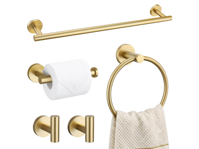 Brushed Gold 5 Piece Bathroom Hardware Set, SUS304 Stainless Steel 24 Inch Bath Towel Bar Set, Round Bathroom Accessories Kit Wall Mounted