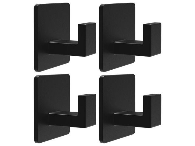 4 Pack Adhesive Towel Hooks, Heavy Duty Wall Hooks Aluminum Hooks Stick on Door, Kitchen, Bathroom for Hanging Coat, Hat, Towel, Robe, Clothes (Black)