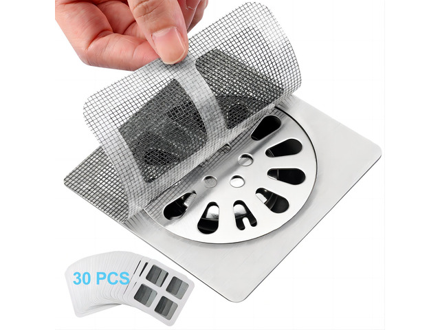 30 Pack Disposable Shower Drain Hair Catcher Mesh Stickers 4'x4' Strong Adhesive Mesh Covers for Bathroom, Kitchen & Laundry Waterproof Hair Trap...