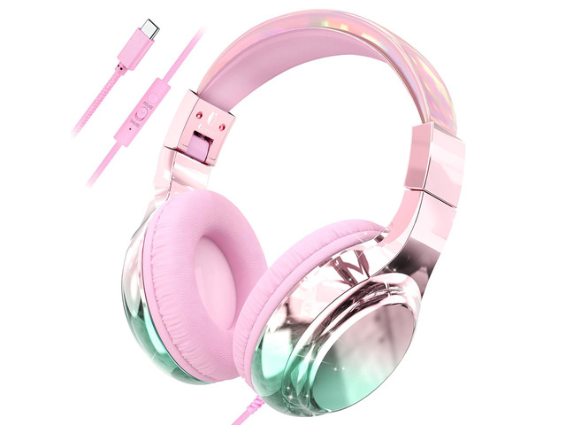USB C Kids Wired Headphones with Mic, 85/94dB Safe Volume Limit Kids headphones with cord, foldable on-ear fit, tangle-free, sharing port for...