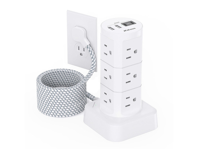 Surge Protector Power Strip Tower, 10FT Extension Cord, Slim Flat Plug Office Desk Supplies, with Multiple Outlets(12 AC Outlets), 1875W/15A...