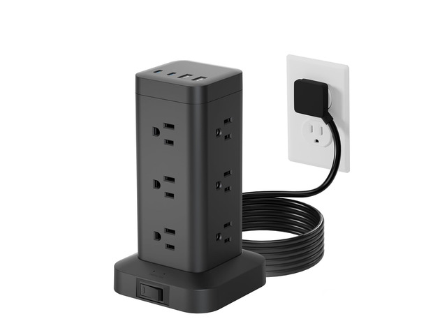 Tower Power Strip with PD 30W Fast-Charging Port, 12 Outlets, 4 USB Ports (2 USB-C), 1800J Surge Protector, Charging Station for Multiple...